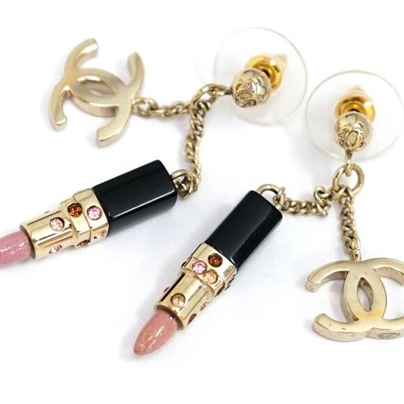 CHANEL CC Logos Rhinestone Dangle Lipstick Charm Earrings Gold Tone 08A Auth - Picture 1 of 6